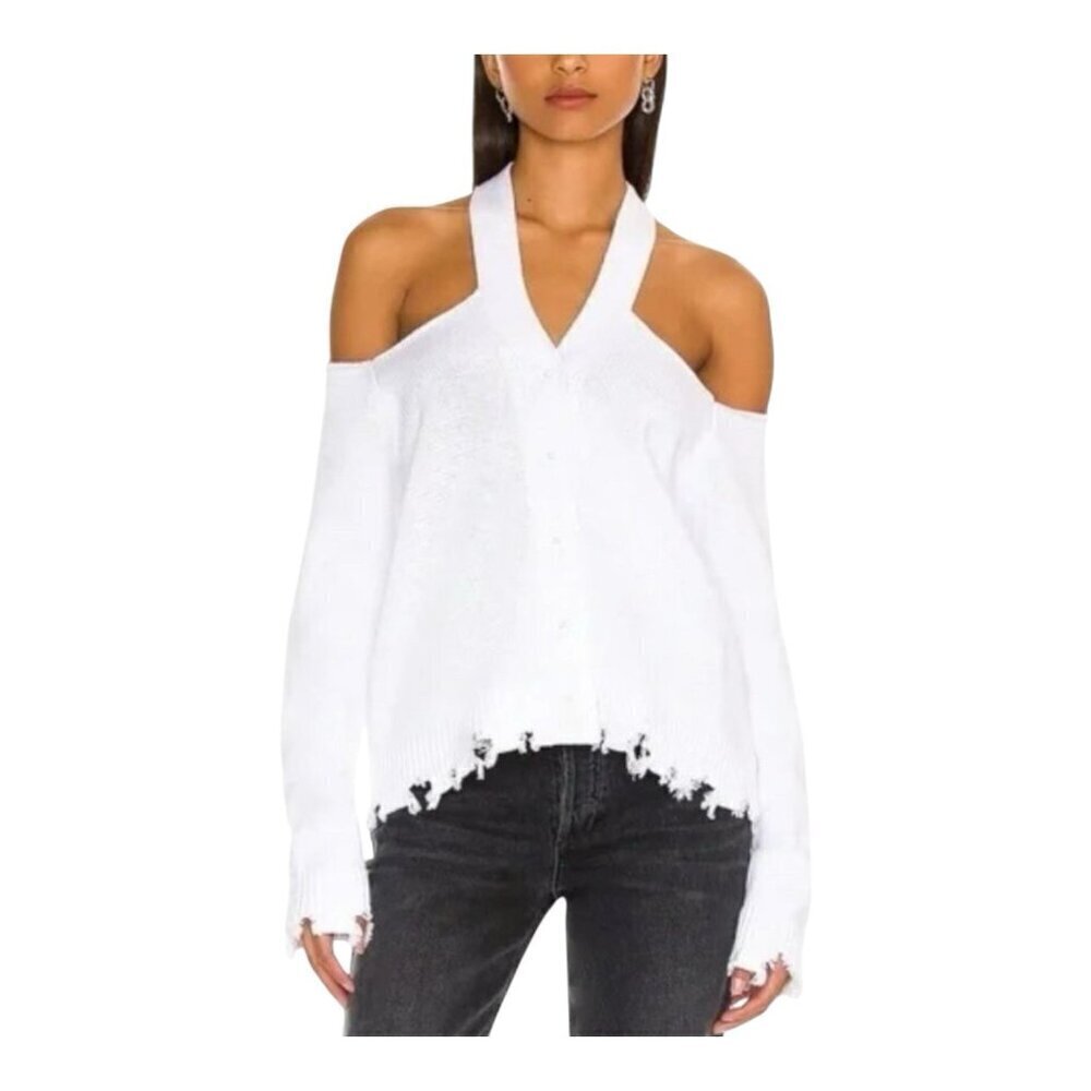 525 America Cut Out Cardigan Sweater Medium Bleach White Distressed Look NWT